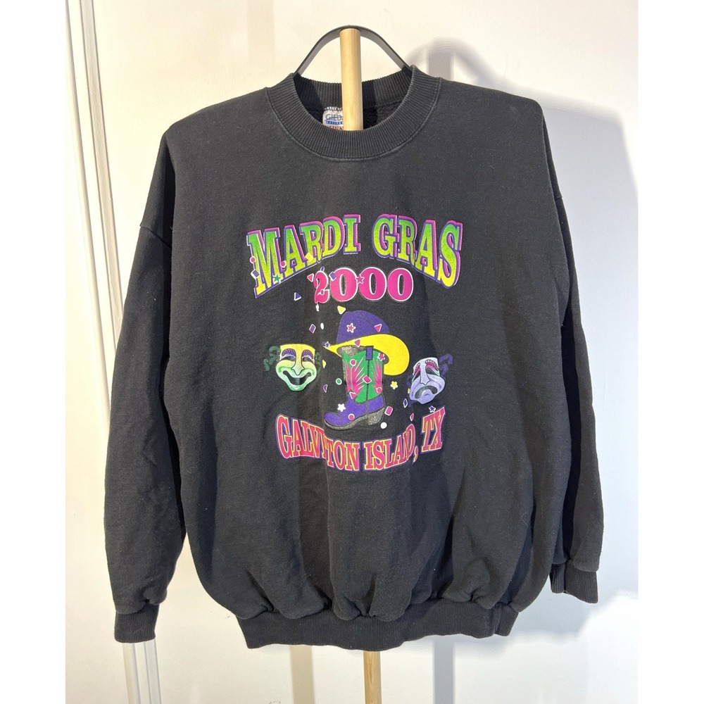 Vintage Mardi Gras 2000 Galveston Texas Sweatshirt XL Black Gildan Heavy Cotton